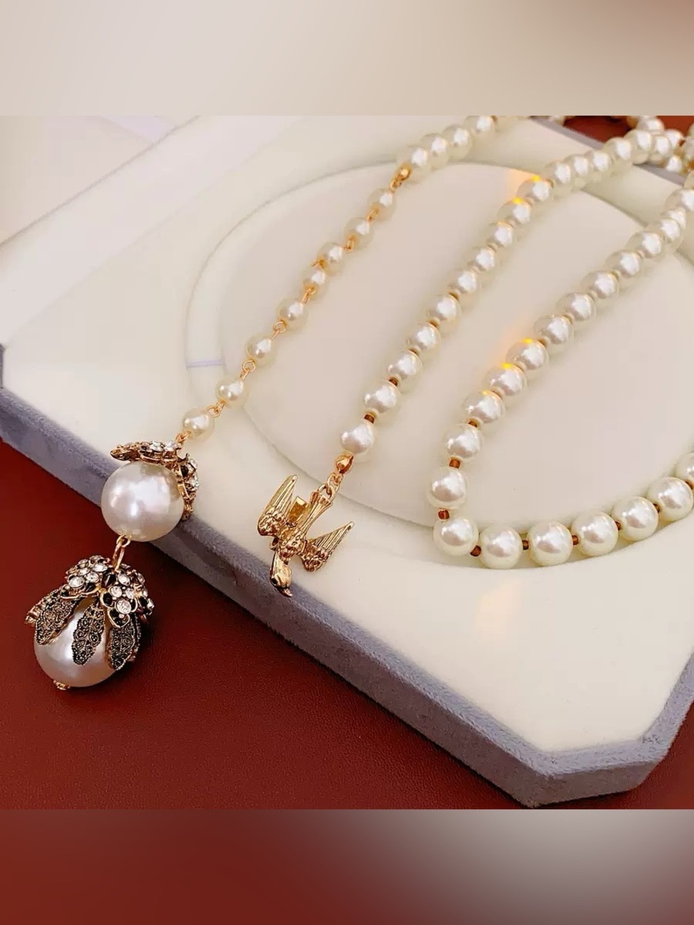 Vintage Pearl Y-Necklace with Crystal Bow Pendant